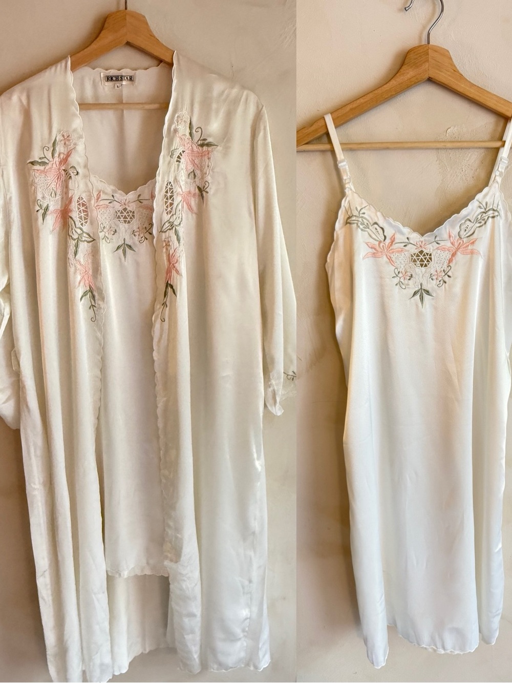Vintage | Rich Star | Ivory Satin Peignoir Set Embroidered | Slip & Robe | Sz L